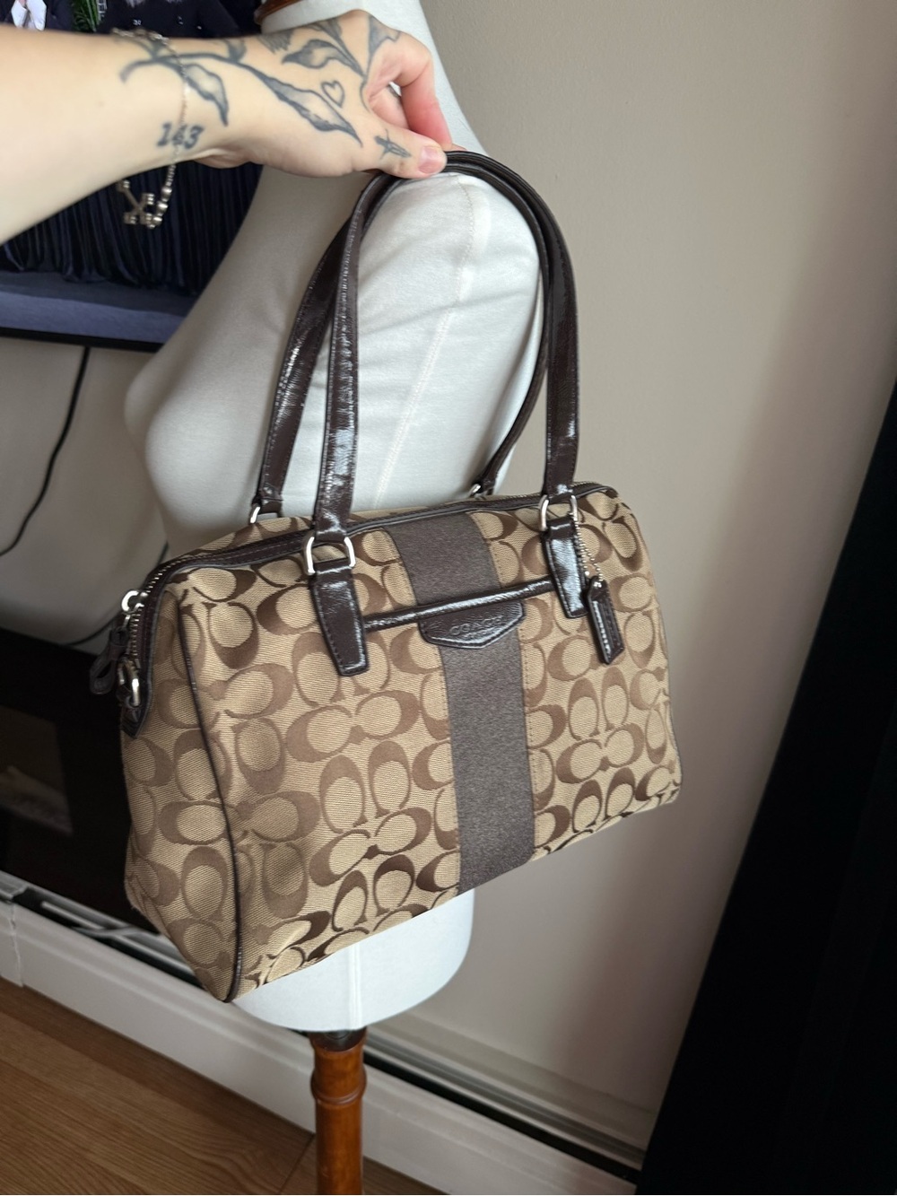 Coach Brown Signature Canvas Satchel with Dark Trim
